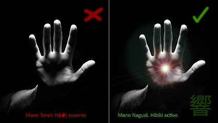 la mano Nagual que le caracteriza la presencia de diferentes niveles de intensidad del Hibiki 響 el cual se activa en estados acrecentados de la atención y energía